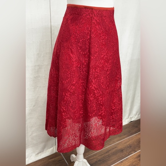 Women’s Red Skirt Lace Jacquard Pleated High Waist Floral Pleated A-Line NEW - Picture 6 of 11